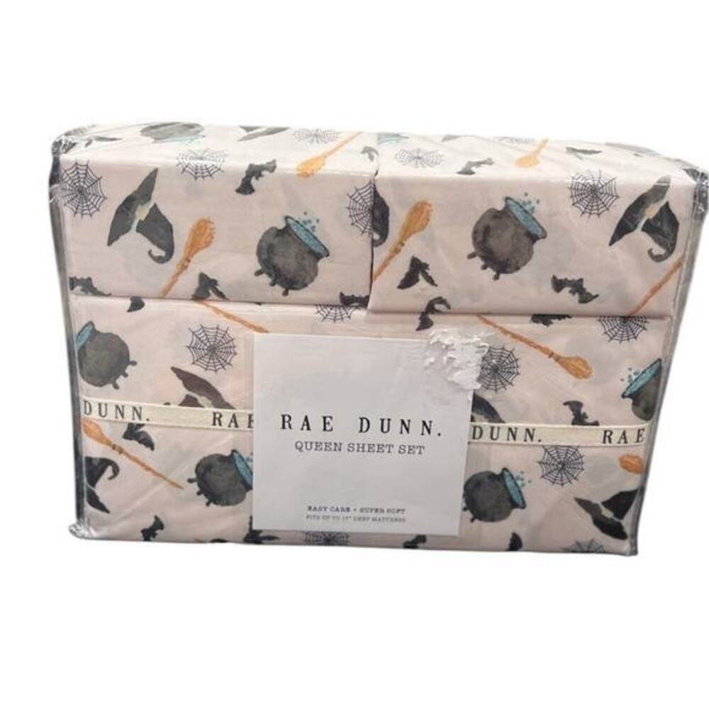 Rae Dun 4 pc QUEEN Pink Halloween Sheet Set Cauldron Wicked Witch Hat Broom NEW